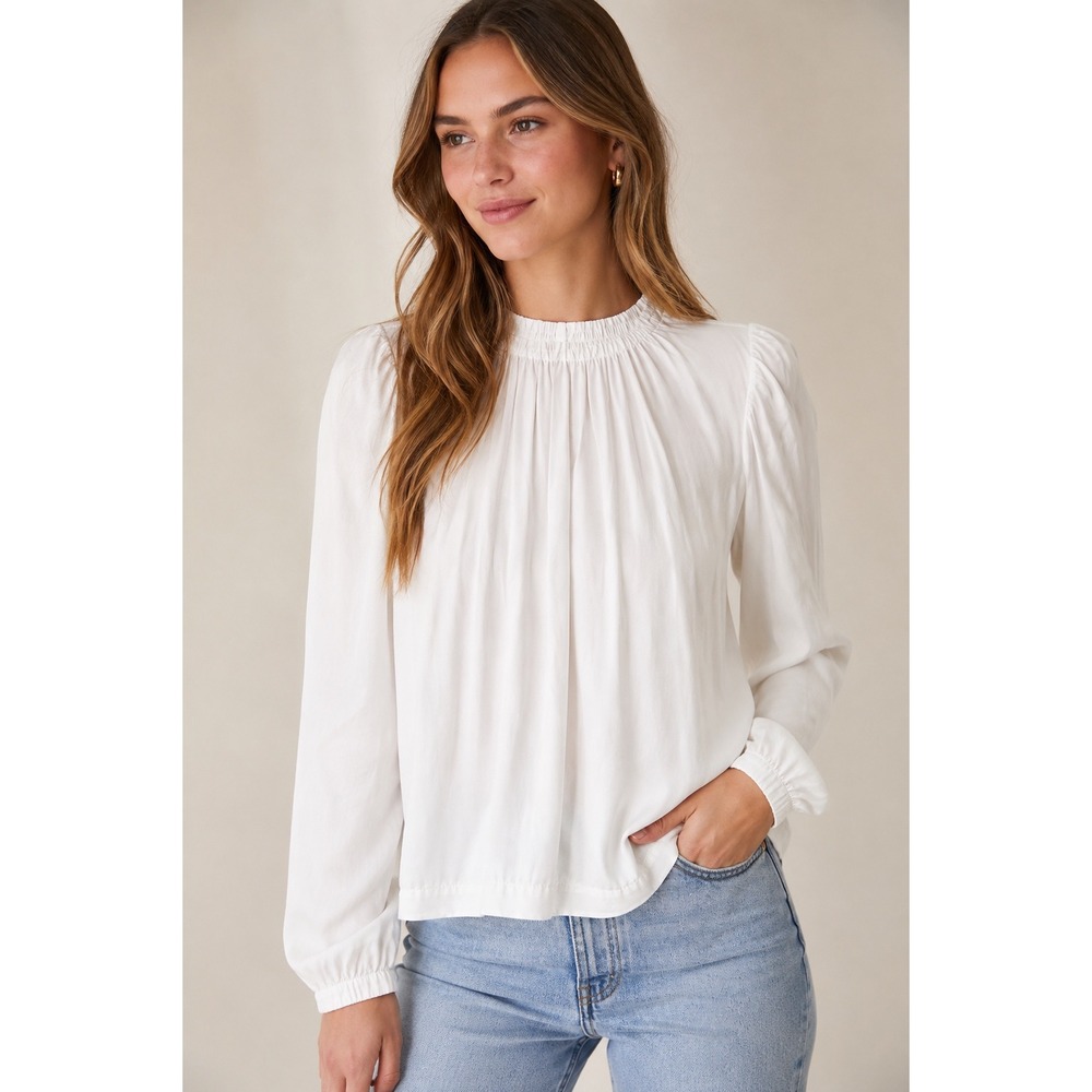 Bella Dahl White Tencel Smocked Mock Neck Long Sleeve Blouse Small Cottagecore